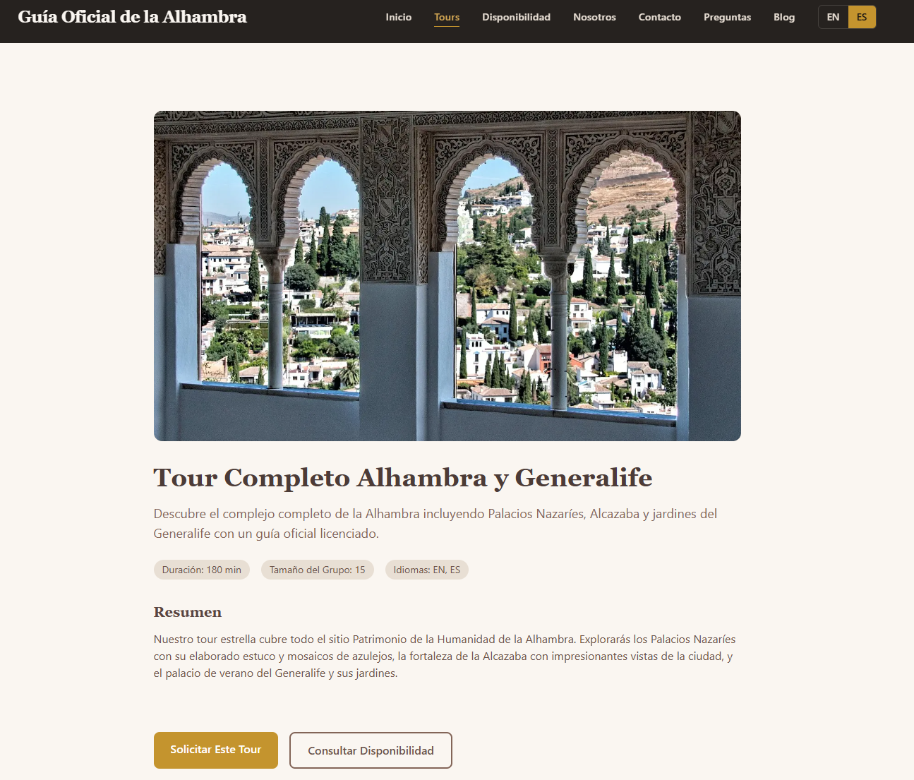 Alhambra tour detail page with booking information