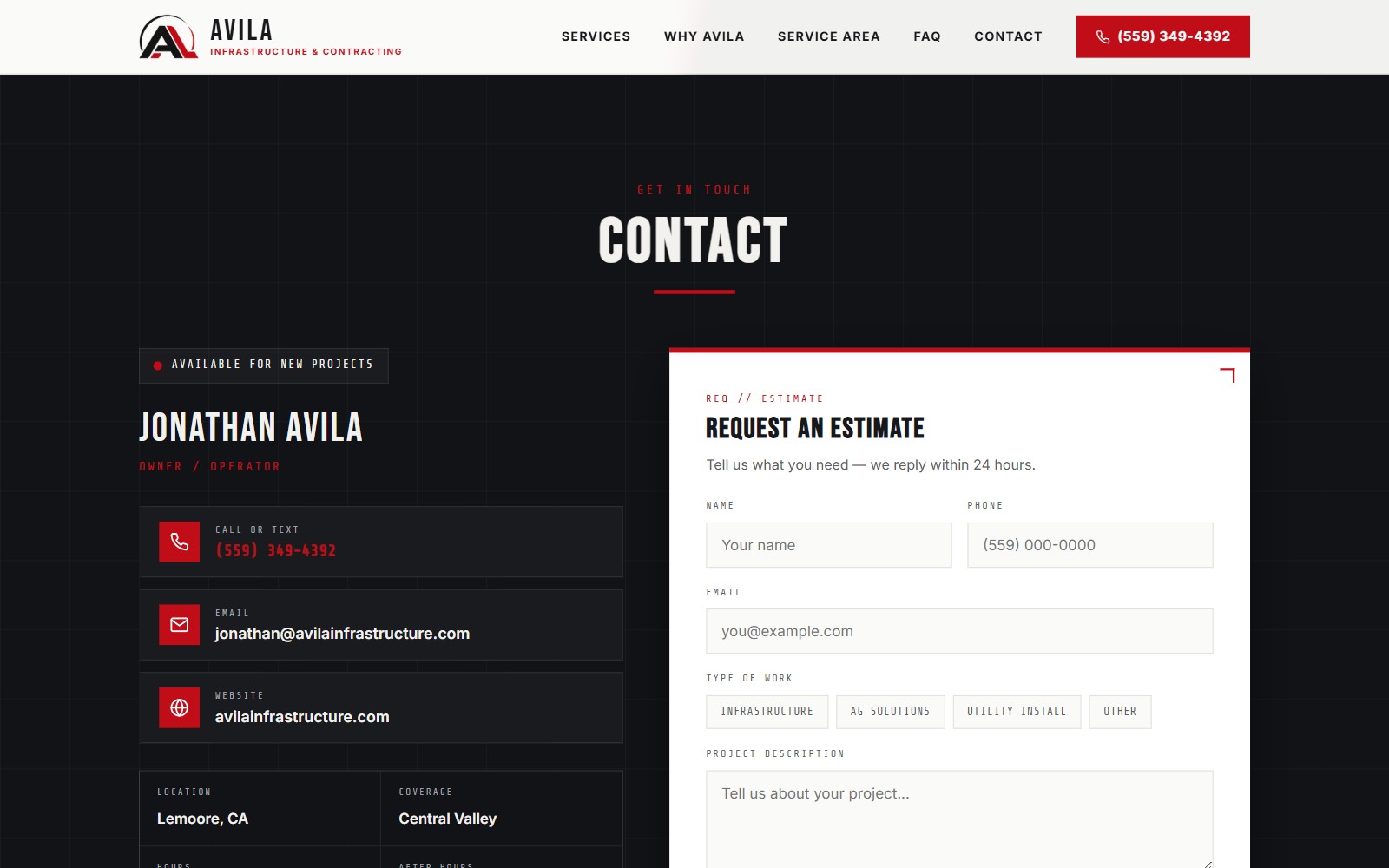 Avila contact section with the Request an Estimate form