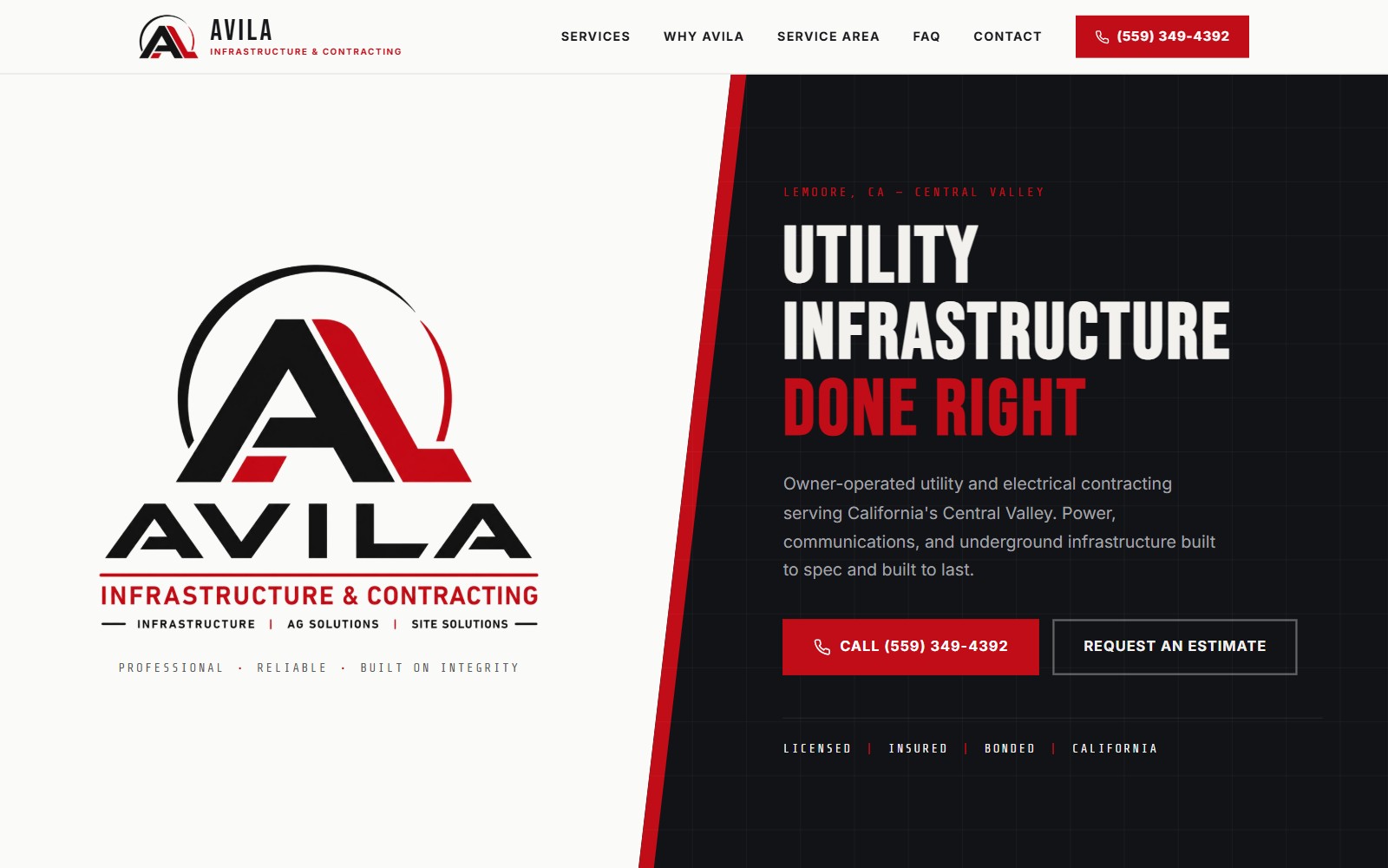 Avila Infrastructure & Contracting homepage hero with call and estimate buttons