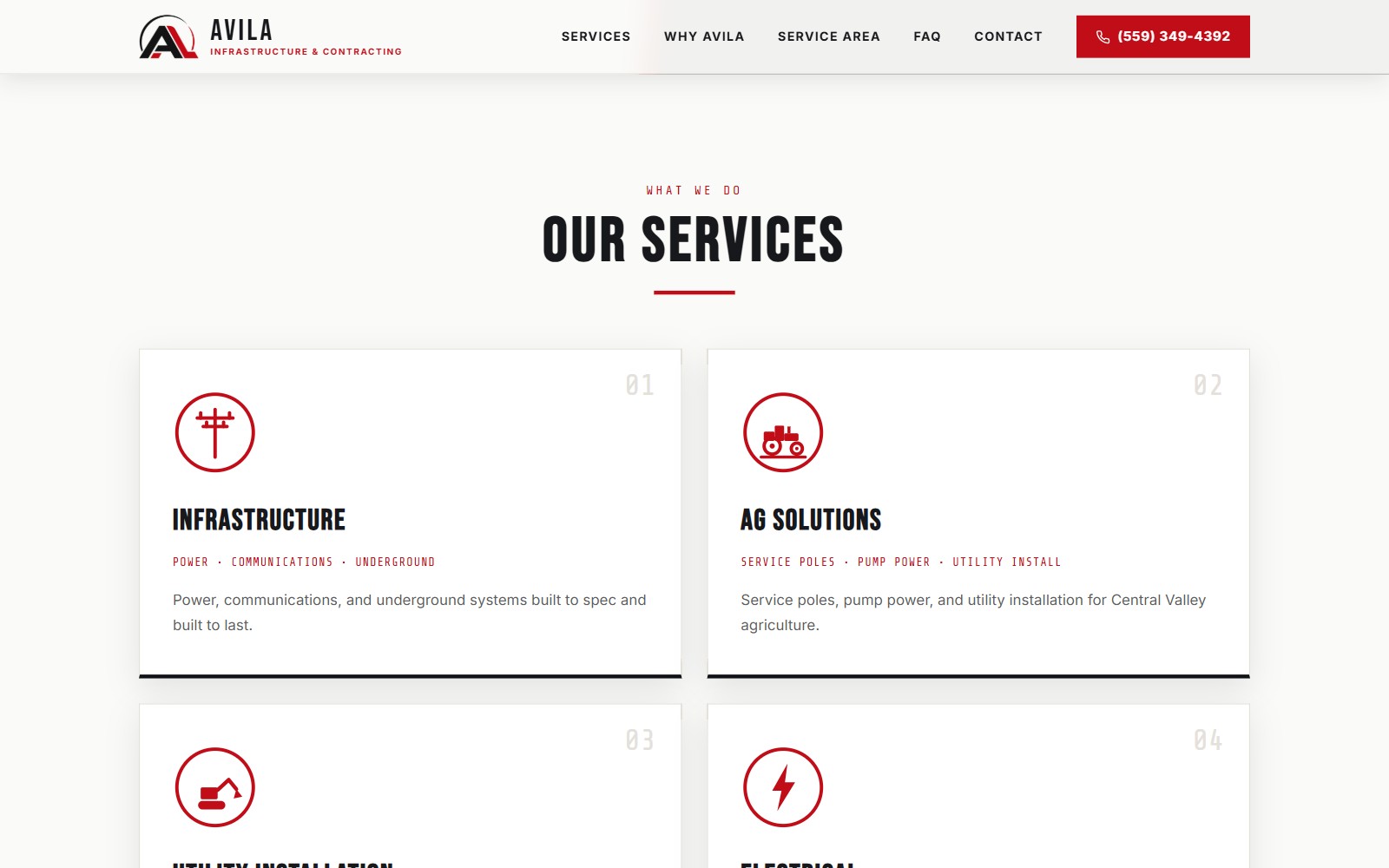 Avila services section — infrastructure, ag solutions, utility installation, and electrical