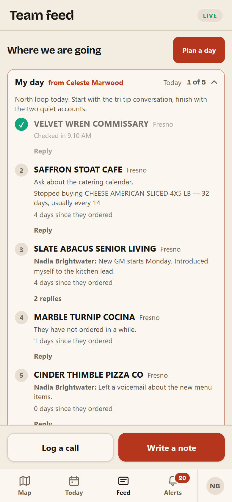 Breadcrumb live team feed with check-ins, notes, and replies on a phone