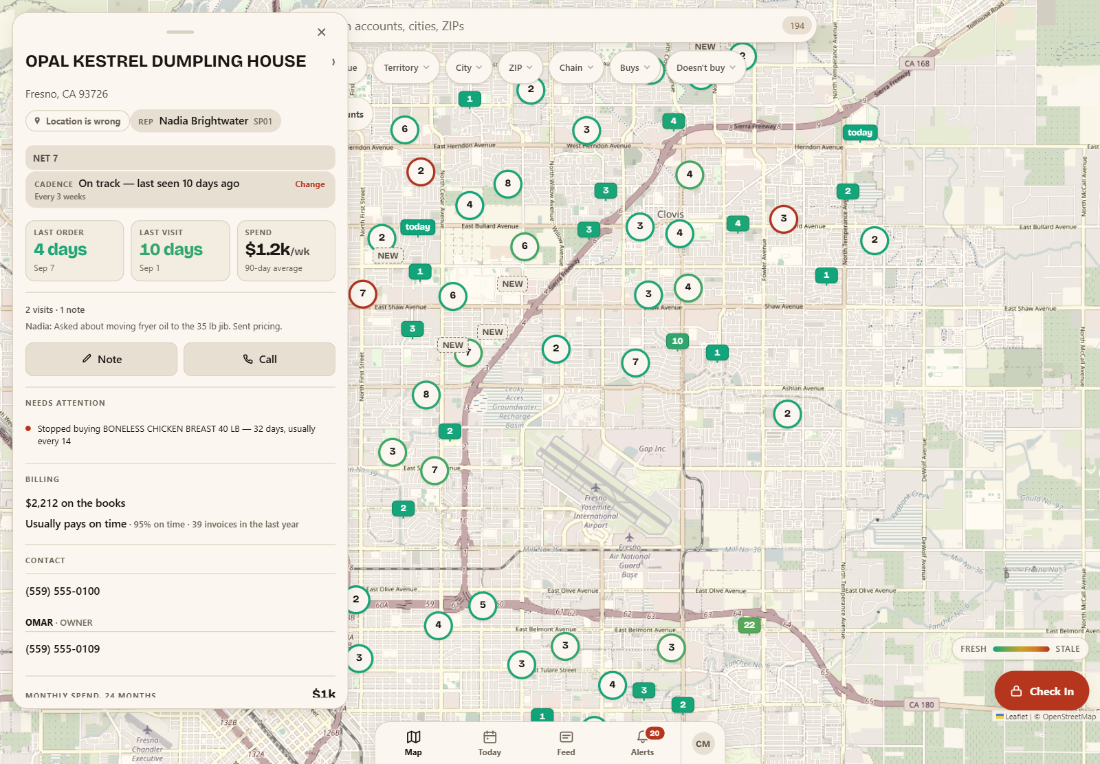 Breadcrumb account map with visit-recency pins and an open account sheet