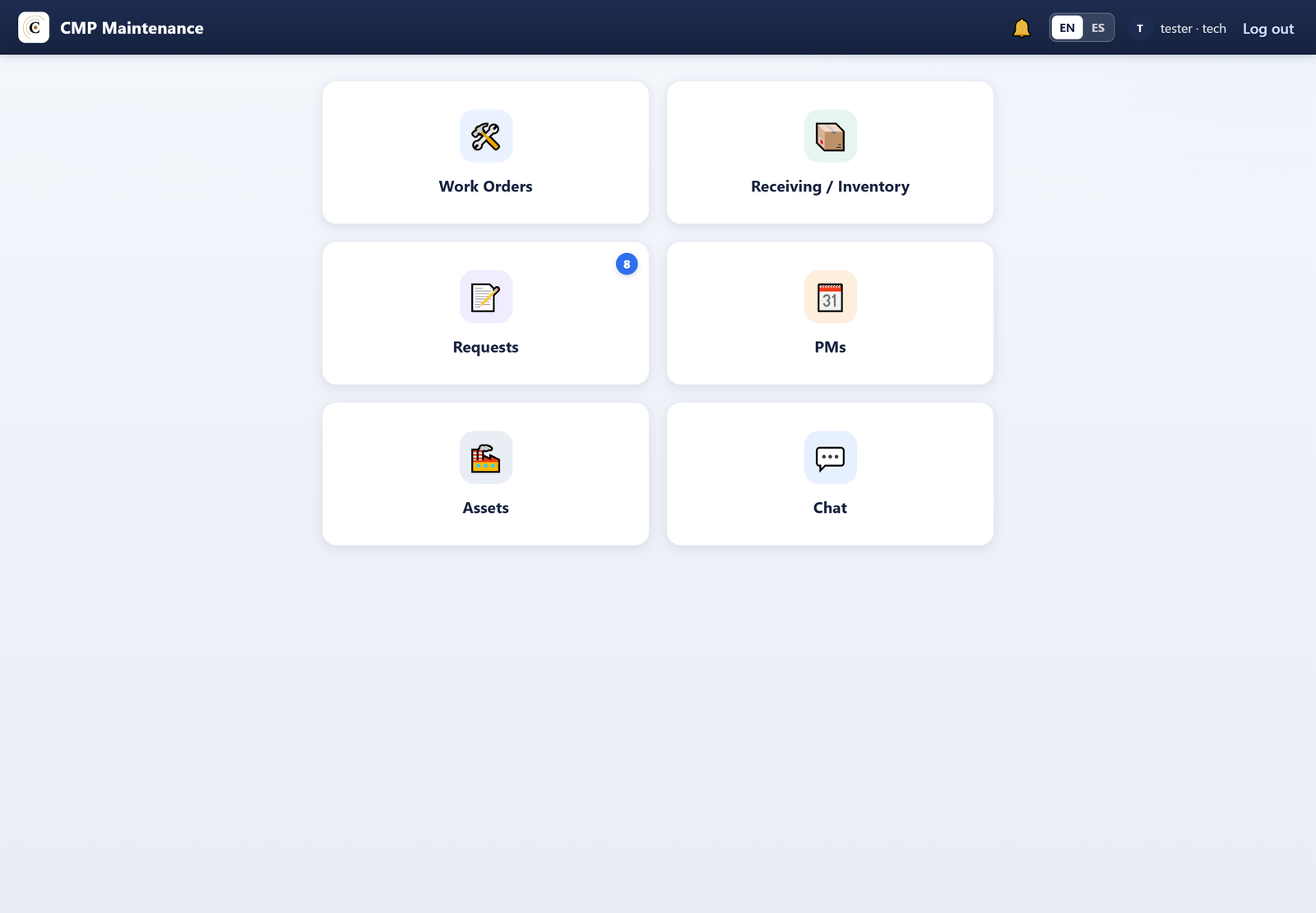 Cmp-Plus module home — work orders, inventory, requests, PMs, assets