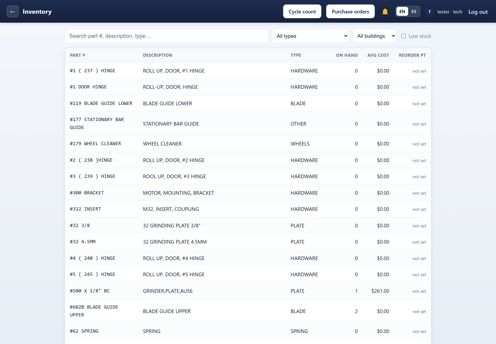 Cmp-Plus parts inventory with on-hand, cost, and reorder points
