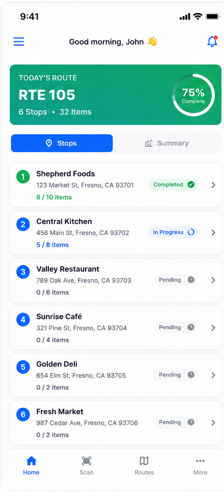 Delivery verification route stop list screen