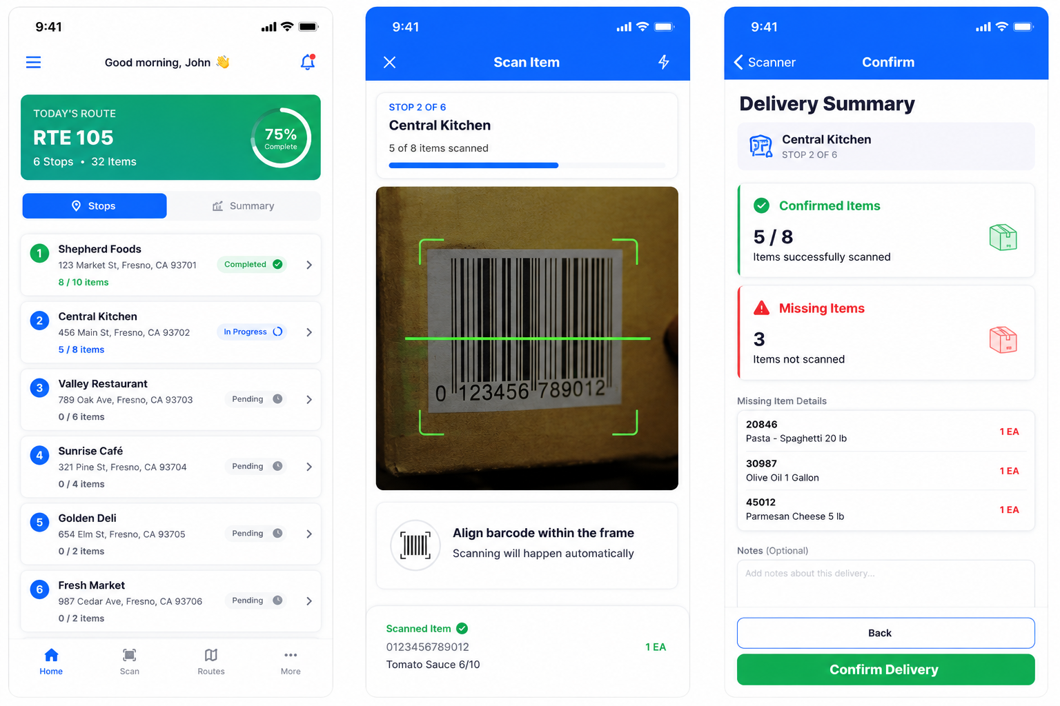 Delivery verification mobile app showcase with route, scan, and confirmation screens