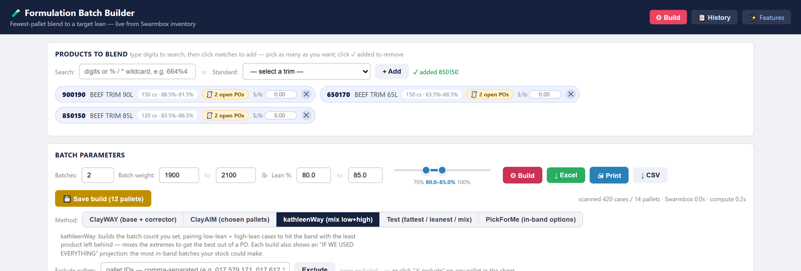 Formulation Batch Builder setup — products, batch parameters, and build methods
