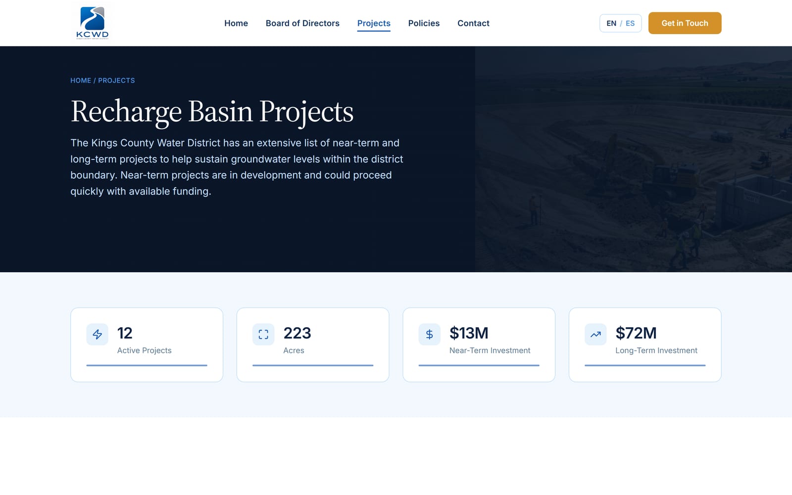 Recharge-basin projects page with stats and tables