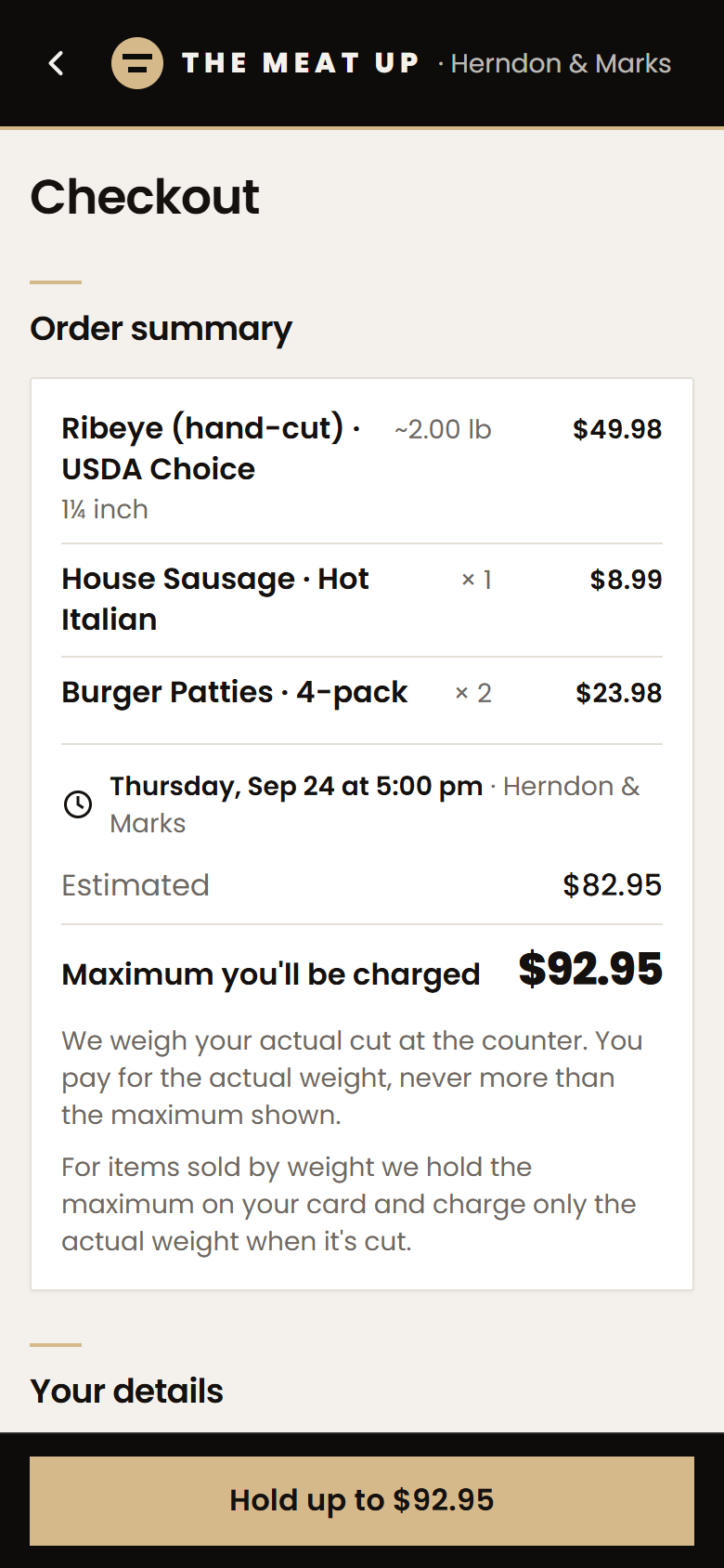 Checkout on a phone with a hand-cut ribeye by the pound, a pickup time, the estimated total, and the maximum that can be charged