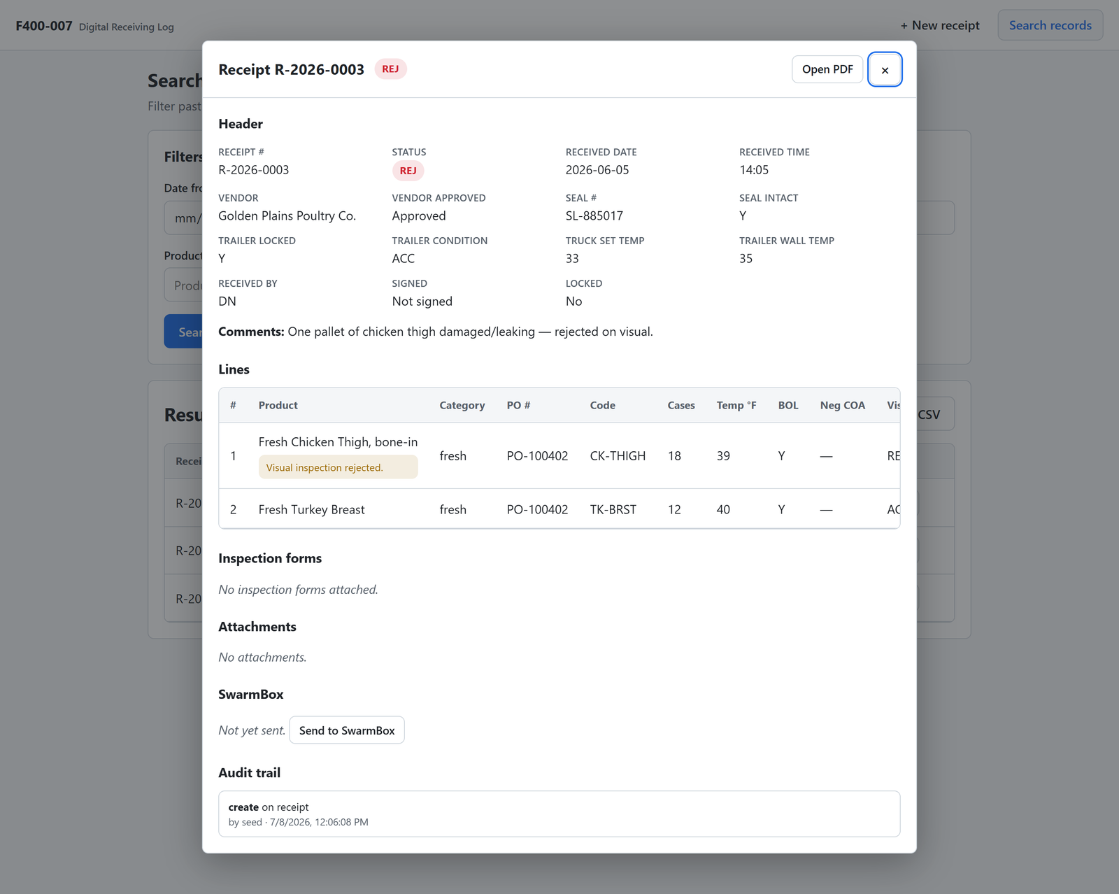 Digital receiving log — full record detail with lines and audit trail
