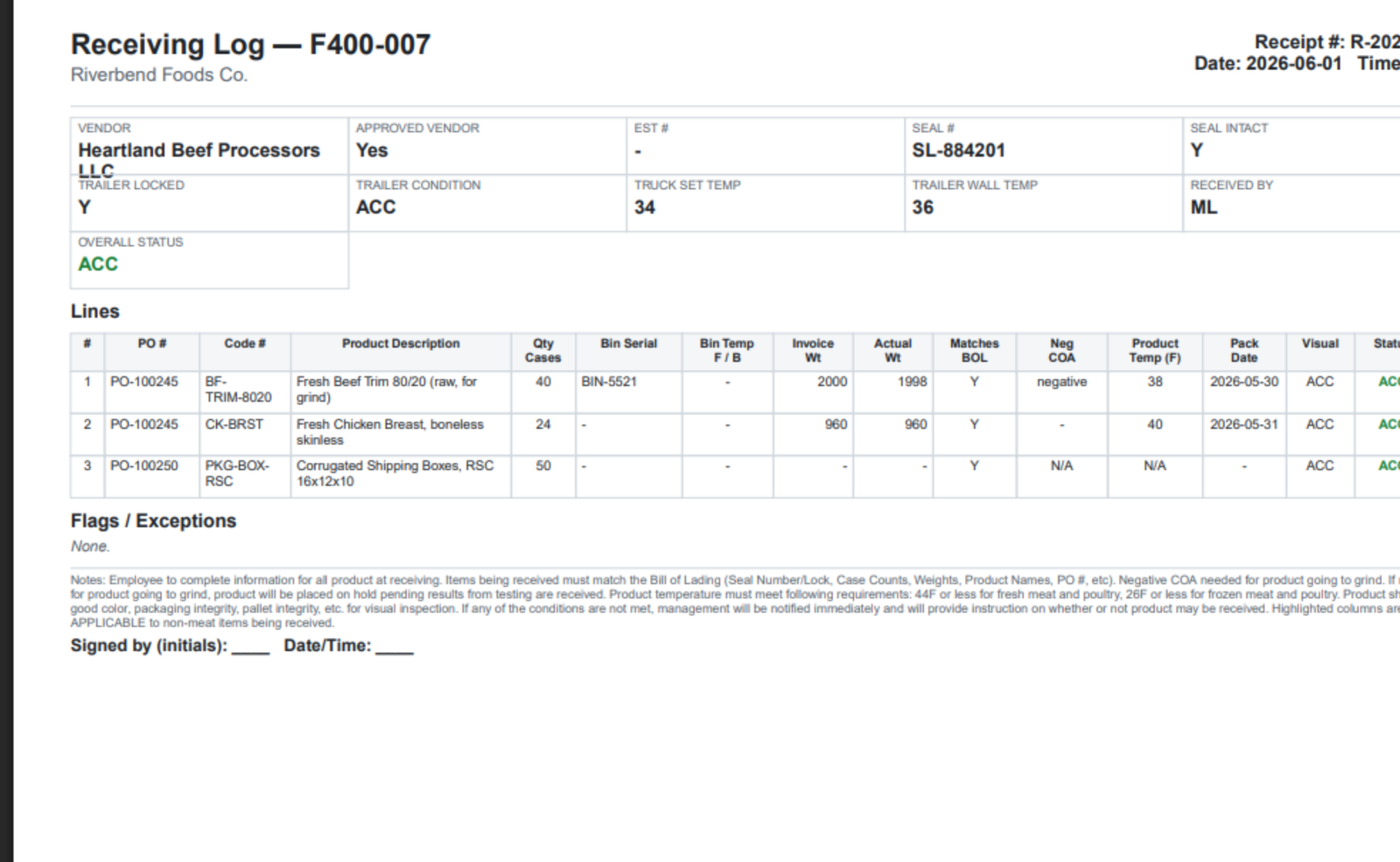Generated F400-007 receiving log PDF for the audit binder