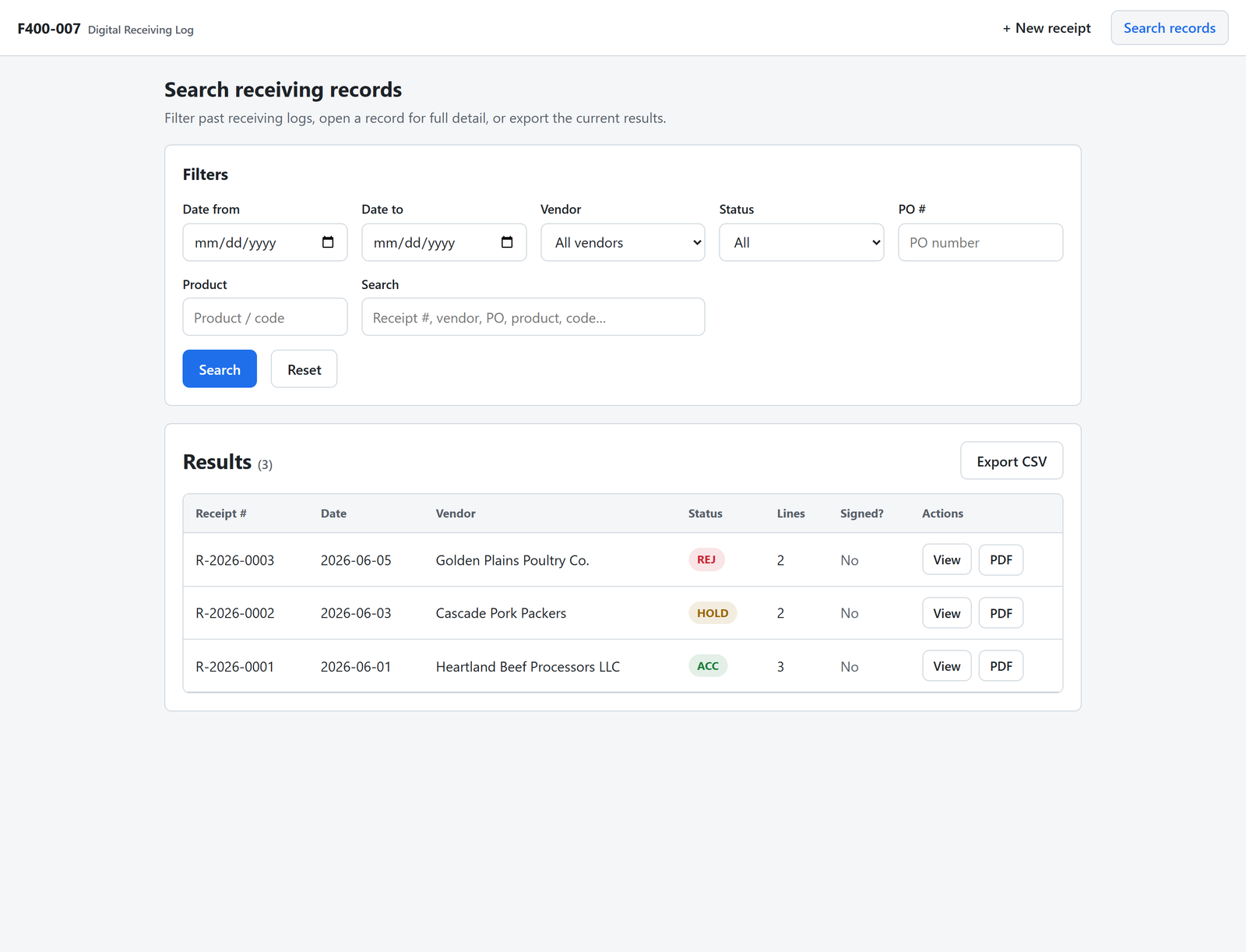 Digital receiving log — searchable records with filters and dispositions