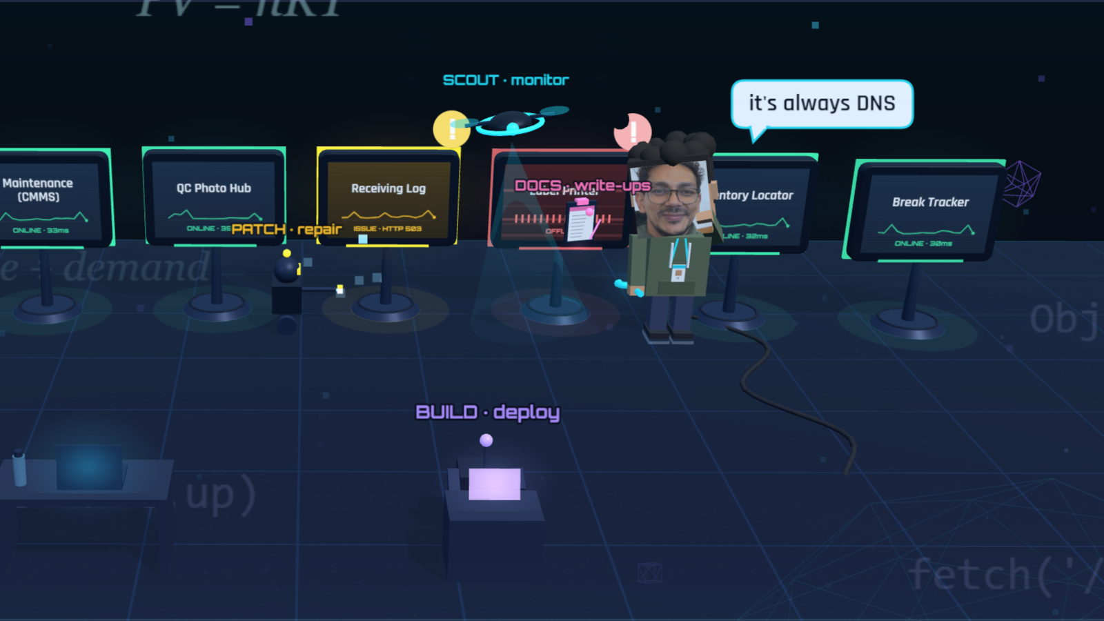 Close-up of the 3D control room: kiosk screens with live latency sparklines, the developer at a red kiosk, and the monitor, repair, and deploy agents