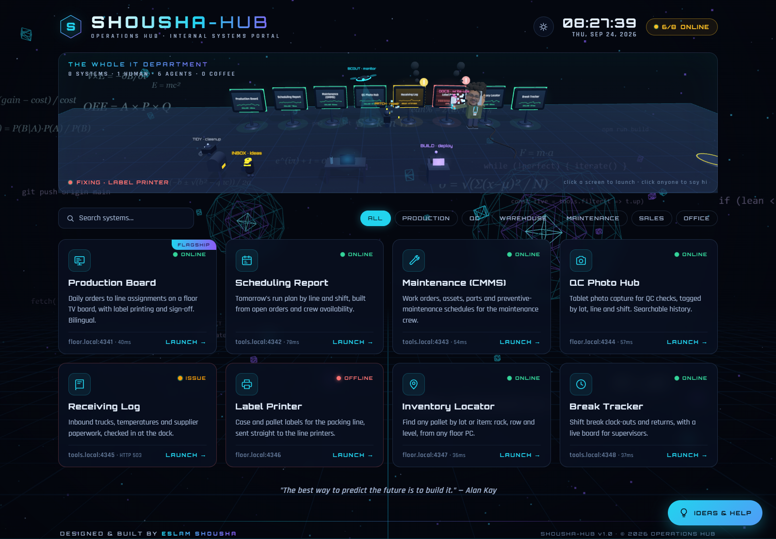 Shousha-Hub launchpad with a 3D control-room band above eight tool cards showing online, issue, and offline status with latency