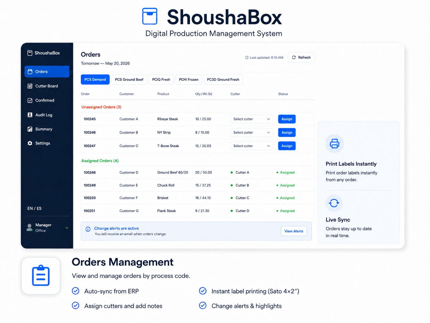 ShoushaBox orders management interface with assignment and label printing tools
