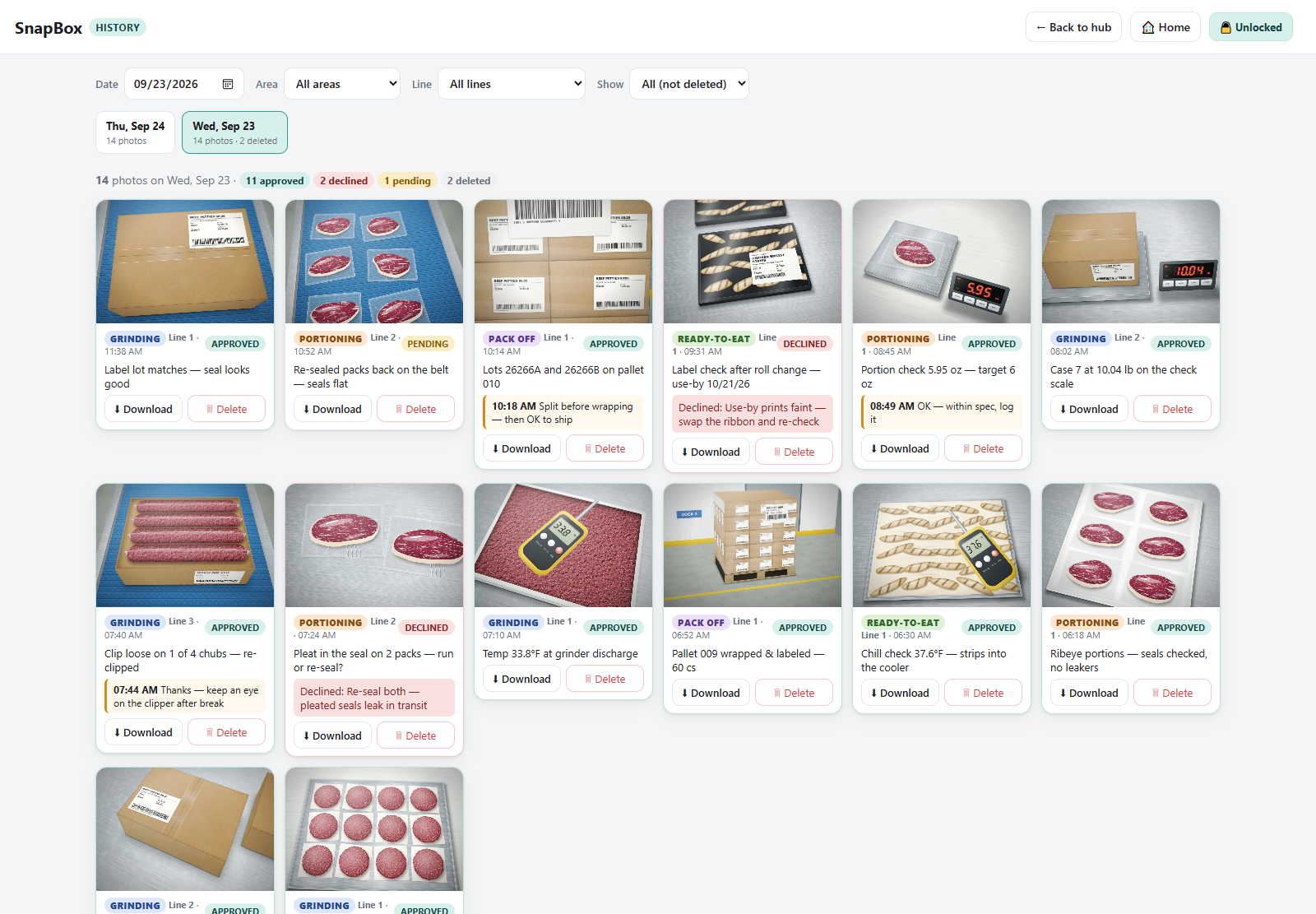 SnapBox history for a past day with date, area, line, and status filters, a count of approved and declined checks, and a grid of QC photos with notes and decline reasons
