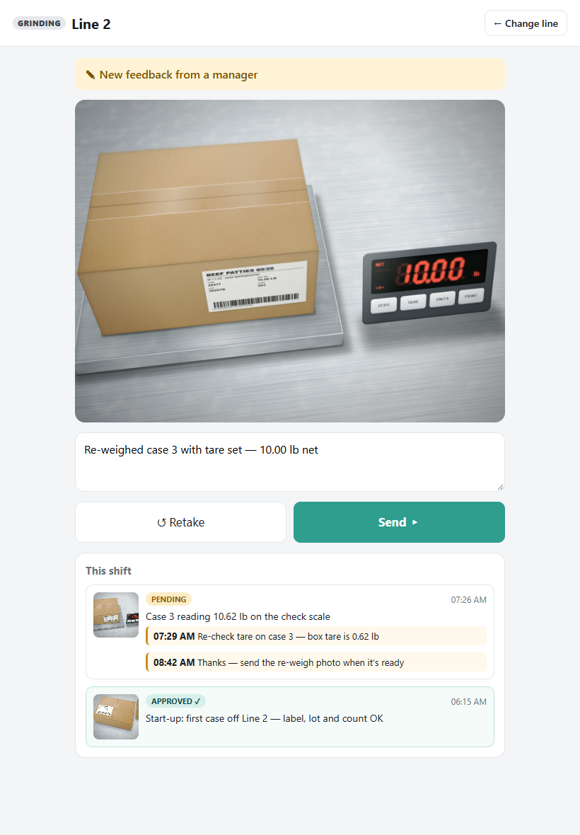 Line tablet with a photo of a case on a check scale, a note, a send button, and supervisor feedback on this shift’s posts