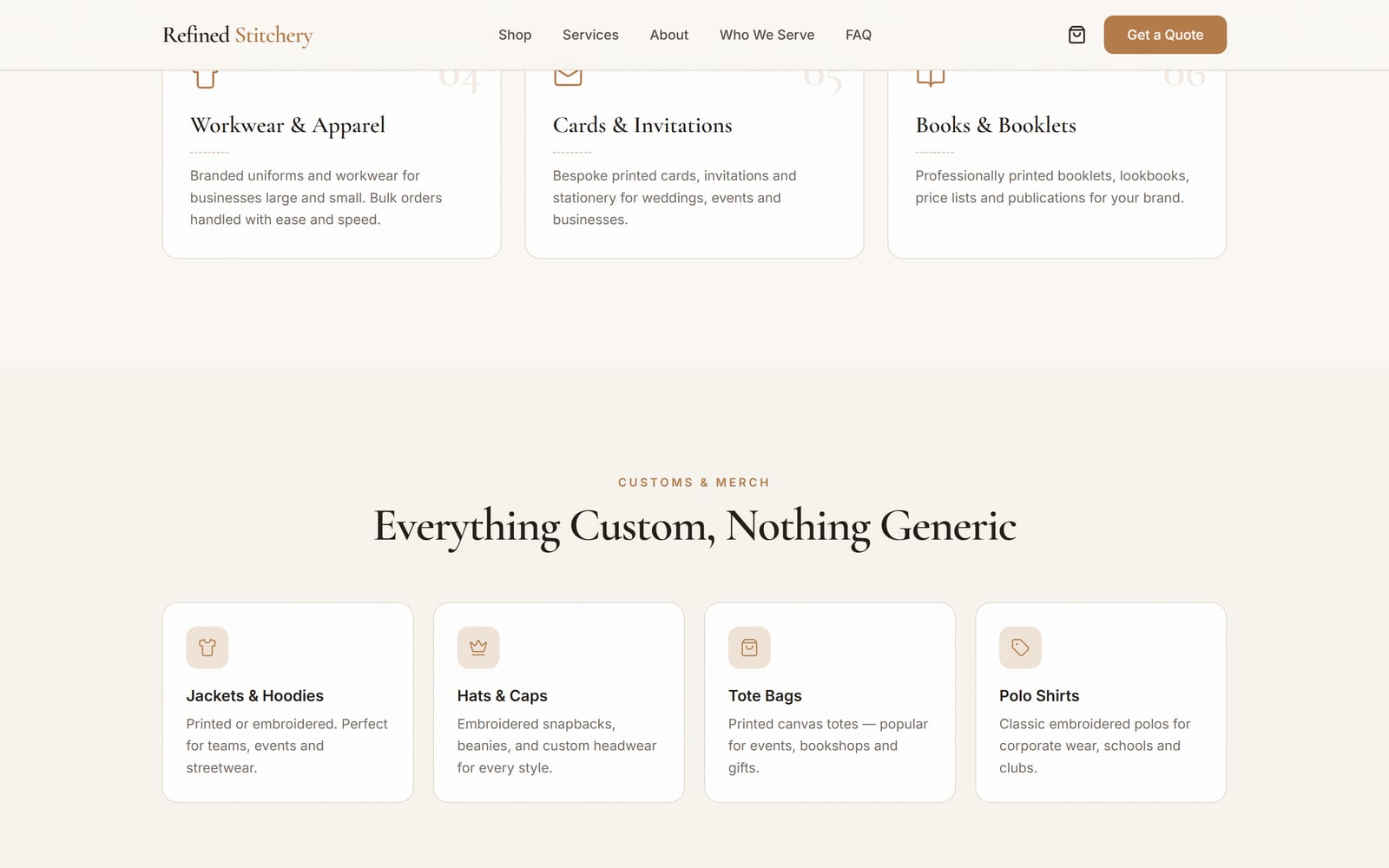 Refined Stitchery custom products section